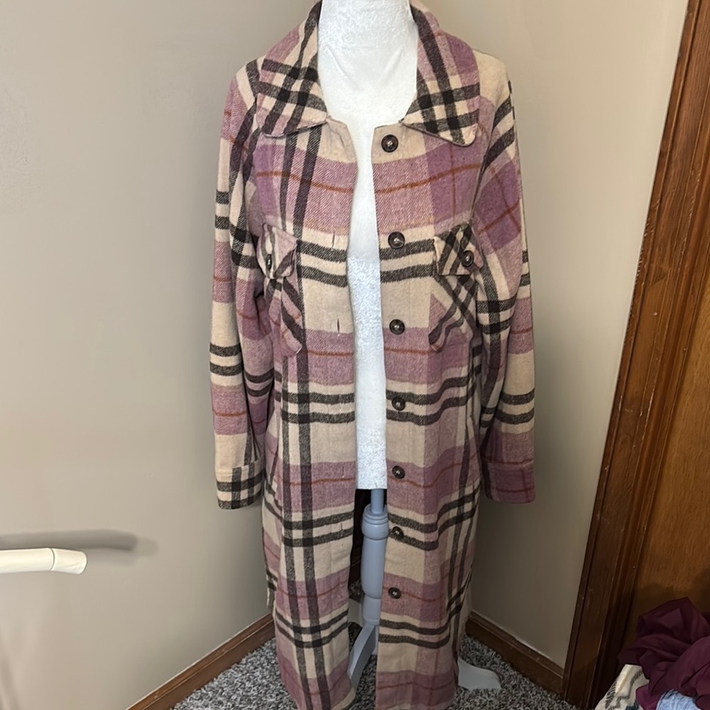 Plaid Long Coat in Pink and Cream